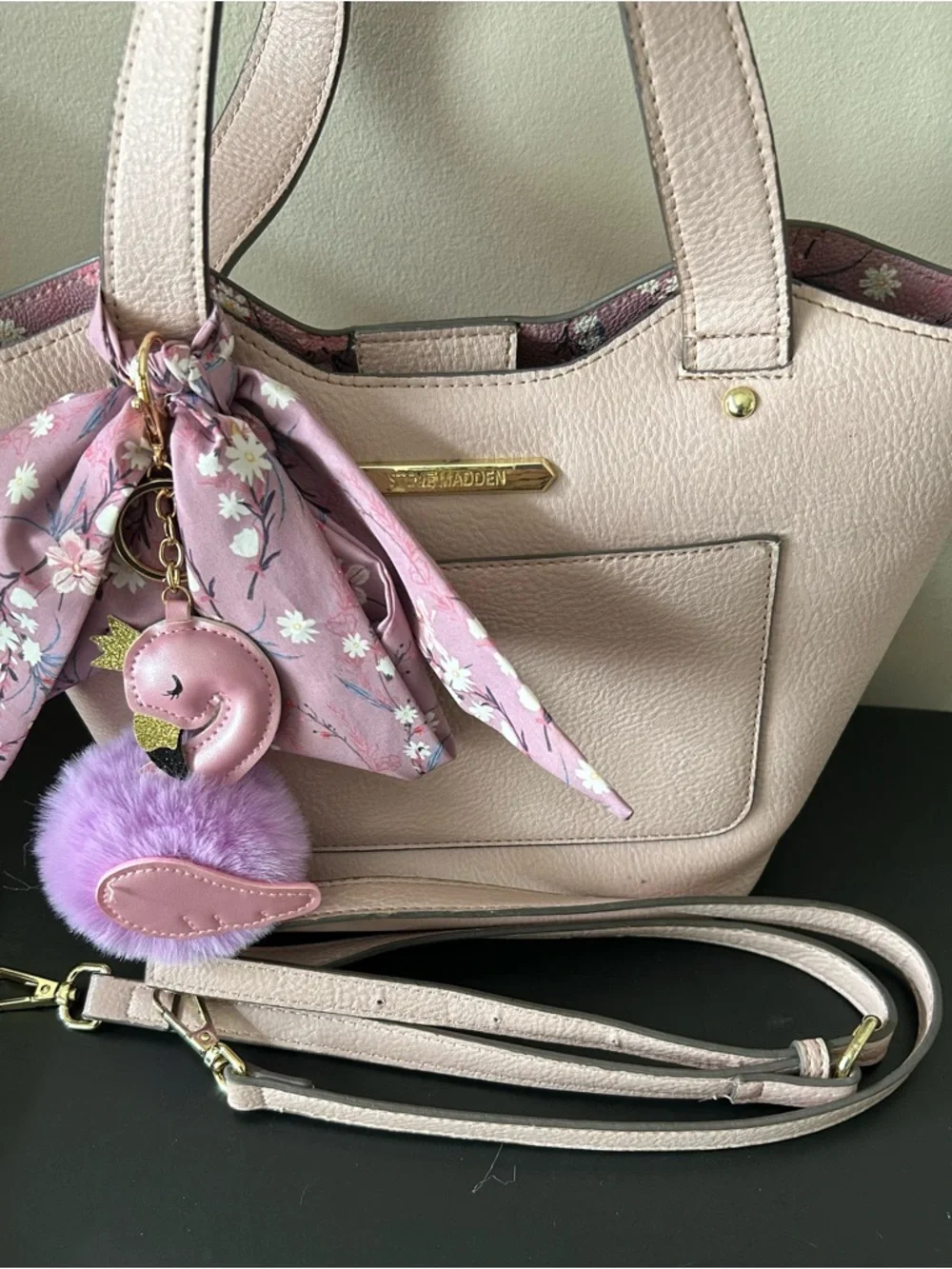 Steve Madden Pink Tote with Floral Scarf and Lilac Pom Keychain and NWT wallet - Picture 4 of 5
